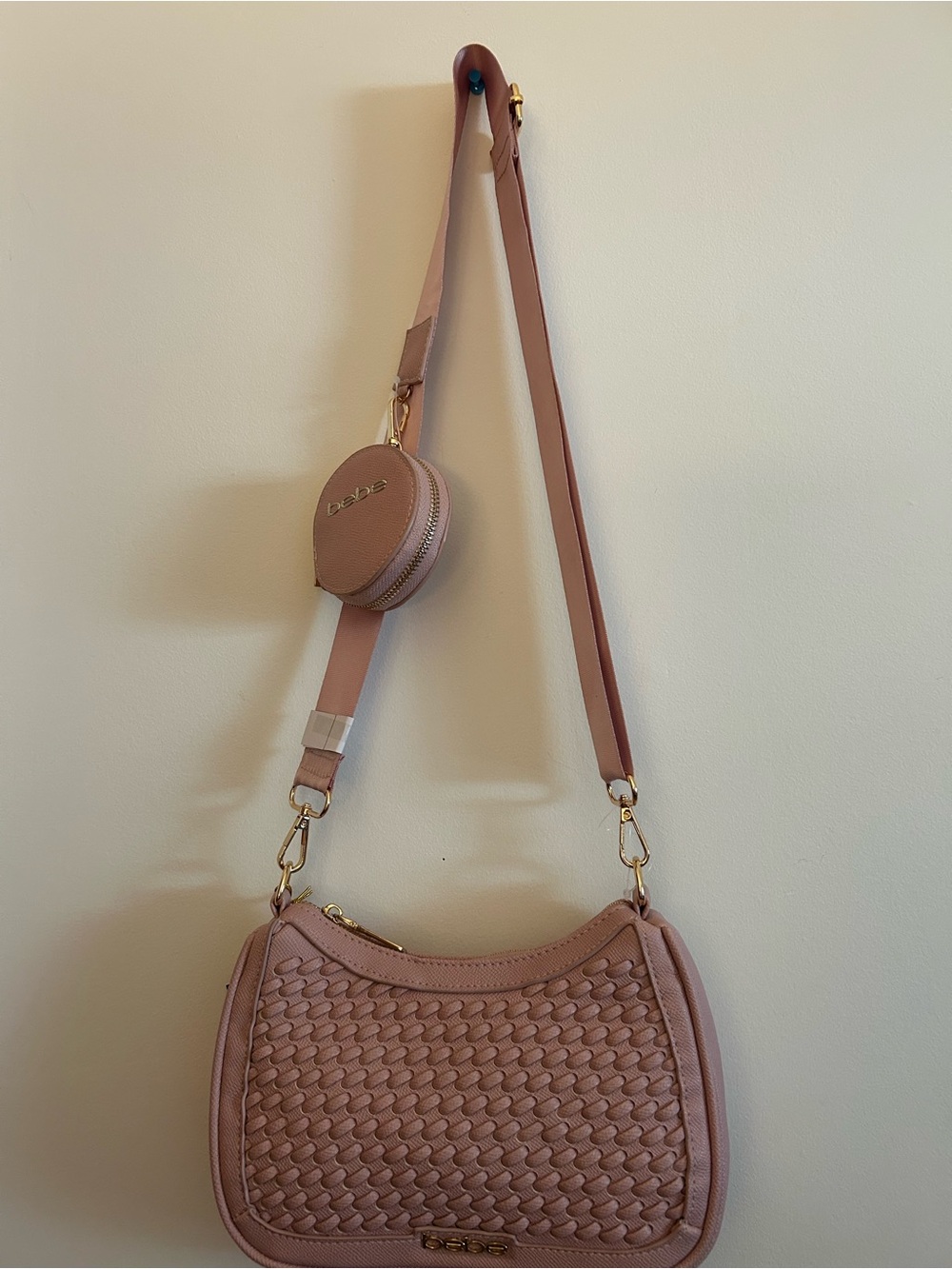 bebe Dusty Pink Woven Crossbody Bag with Round Coin Pouch